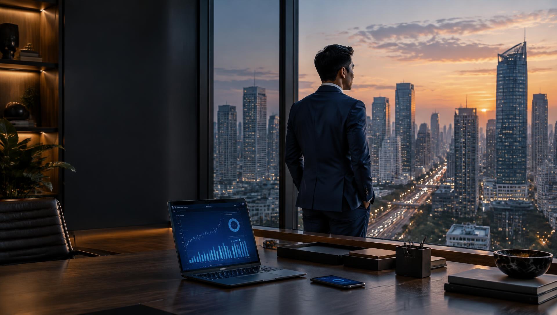 Eksekutif Indonesia di kantor modern dengan panorama Jakarta