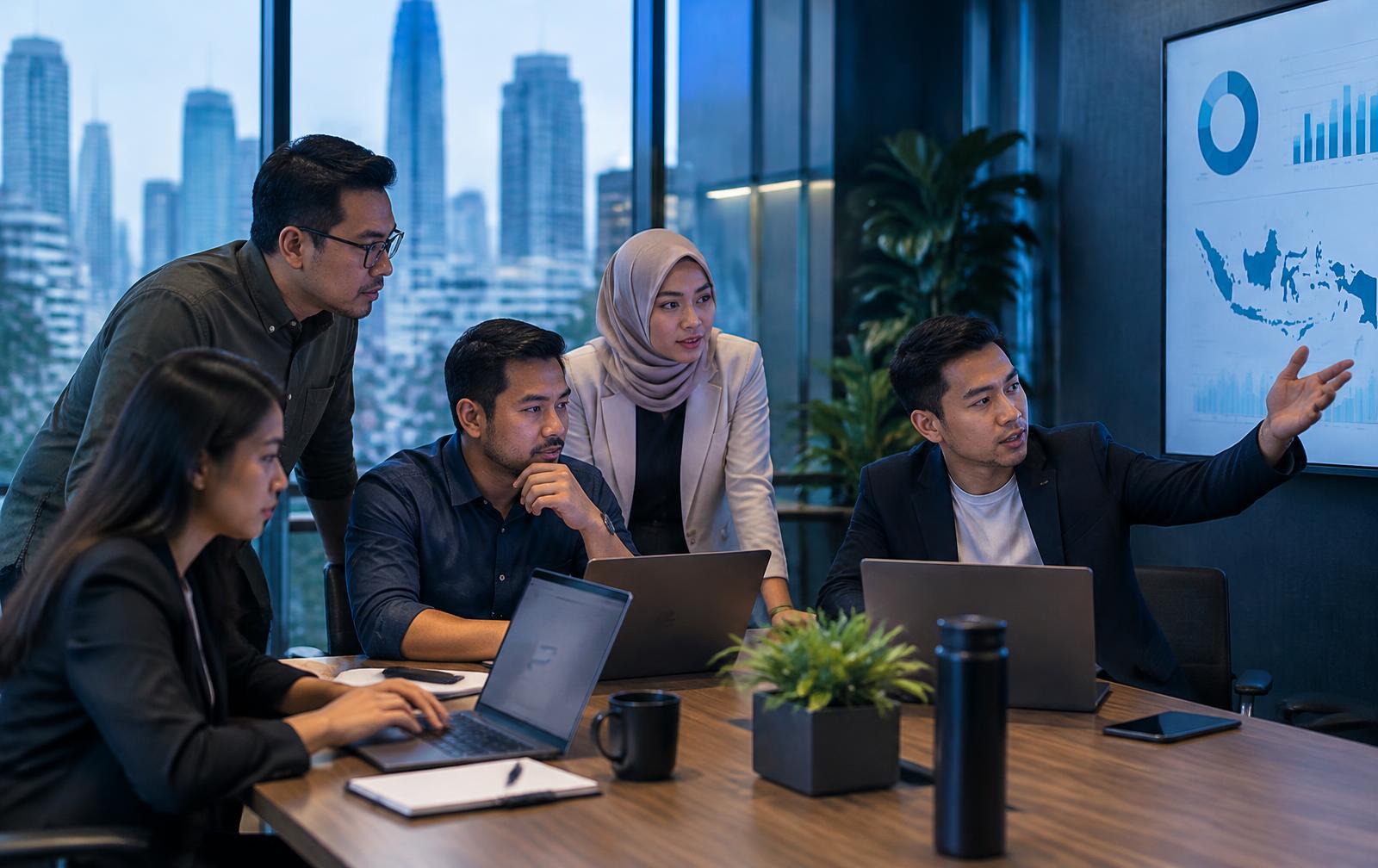 Tim teknologi Indonesia berdiskusi di kantor modern